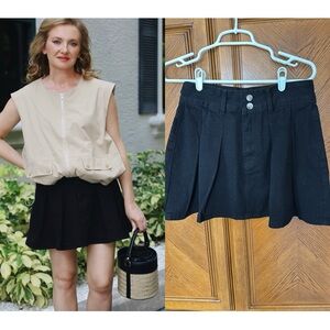 Black Denim Pleated Mini Skirt High Waist Size S (4)